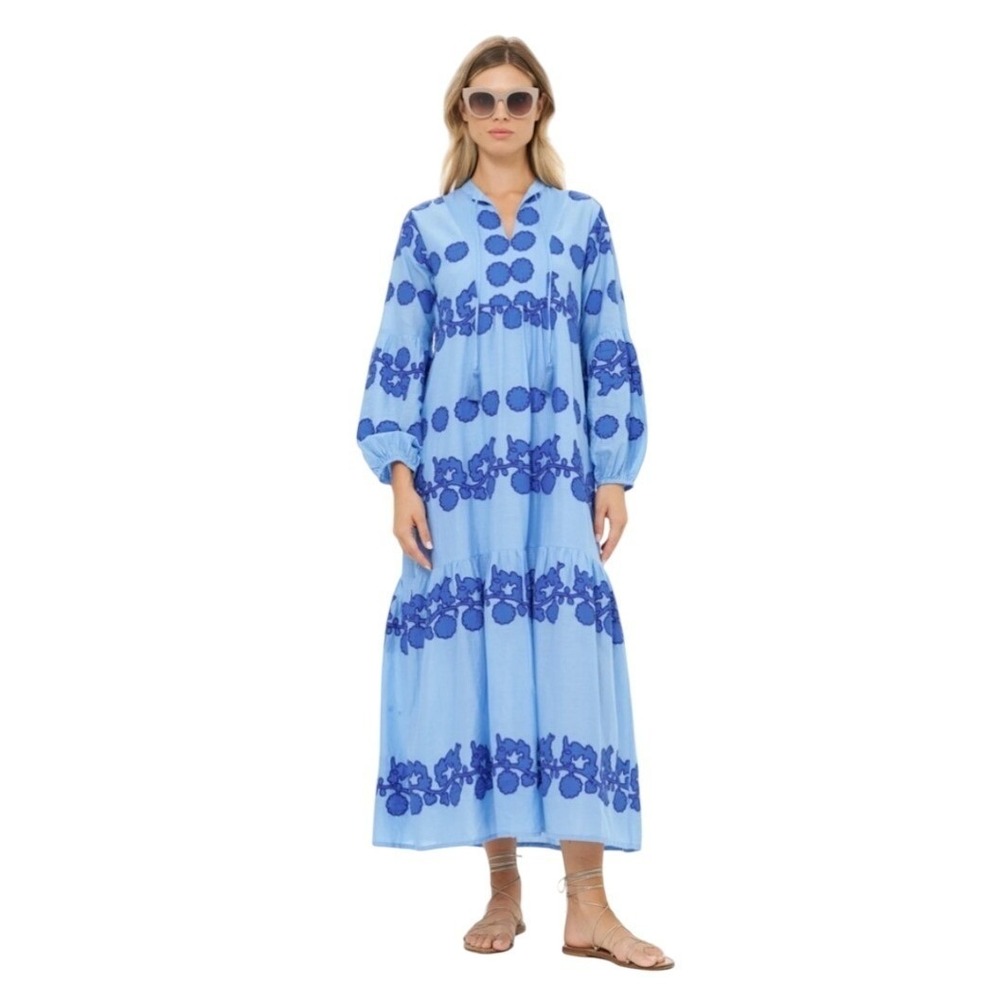 Oliphant Blue Embroidered Floral Applique Puff Sleeve Maxi Dress Medium - Picture 2 of 16